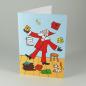 Mobile Preview: Recycling-Adventskarte mit Drehscheibe: Weihnachtsmann jongliert Geschenke