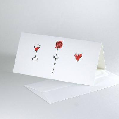 10 Hochzeitskarten mit Kuverts: Rose, Weinglas, Herz