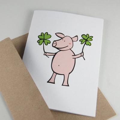 10 Recycling-Glückwunschkarten mit Umschlag: Schwein mit Glücksklee