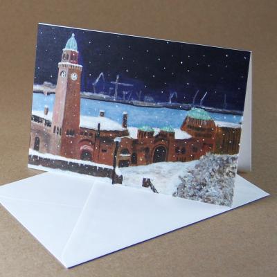 10 Hamburg-Weihnachtskarten mit Umschlägen: Landungsbrücken im Schnee