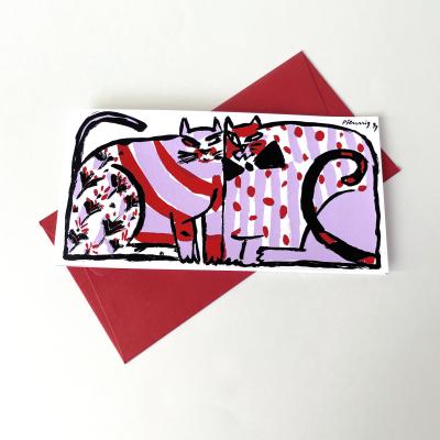 2 dicke Katzen - Siebdruckkarte mit rotem Umschlag