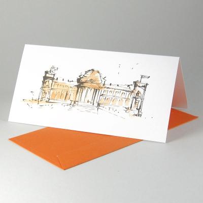 10 Grußkarten mit orangen Kuverts: Reichstag / Bundestag in Berlin