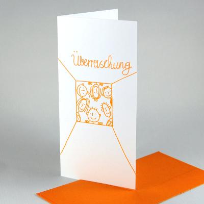10 witzige Grußkarten mit orangen Kuverts: Überraschung