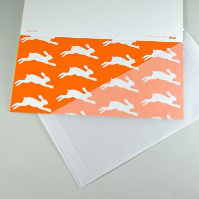 10 orange Osterkarten mit transparenten Kuverts: springende Hasen