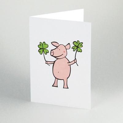 Recycling-Glückwunschkarte: Schwein mit Glücksklee