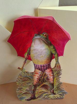 Grußkarte mit Oblate: Frosch mit rotem Schirm