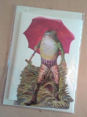 Grußkarte mit Oblate: Frosch mit rotem Schirm