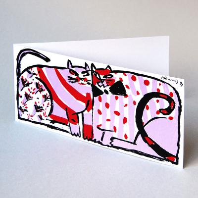 Künstler-Siebdruckkarte: zwei dicke Katzen