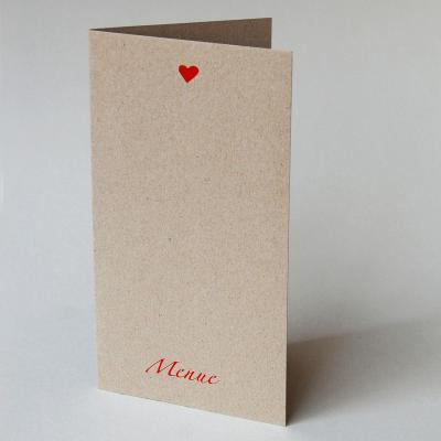Recycling-Menükarte: Menue + rotes Herz (gedruckt auf Graupappe)
