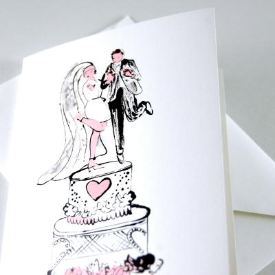 Hochzeitskarte: Brautpaar auf einer Torte