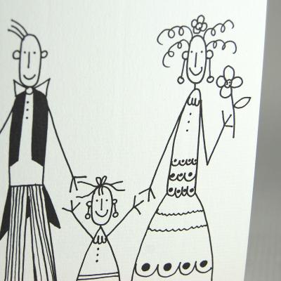 witzige Glückwunschkarte zur Hochzeit: Brautpaar mit Kind