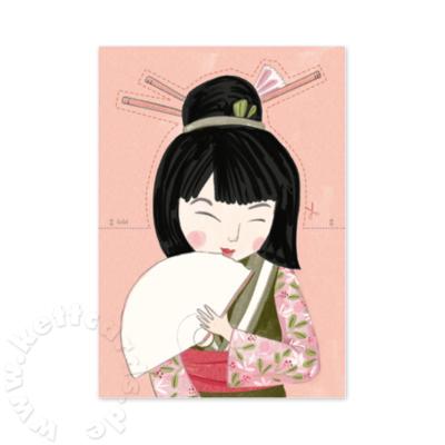 Bastelpostkarte Japan: Mädchen mit Fächer
