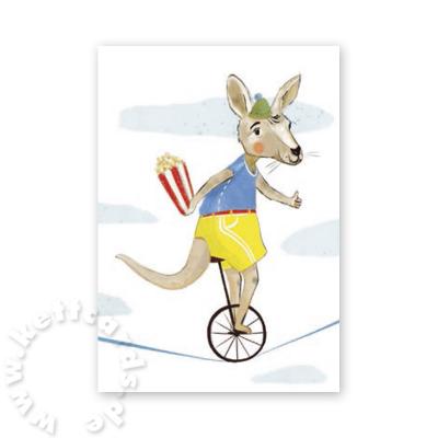 Postkarte mit Känguru, Einrad und Popcorn
