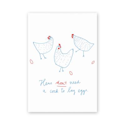 Postkarte: Hens don´t need a cock to lay eggs.