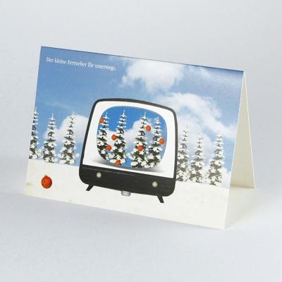 witzige Weihnachtskarte für Nostalgiker: Der kleine Fernseher für unterwegs.