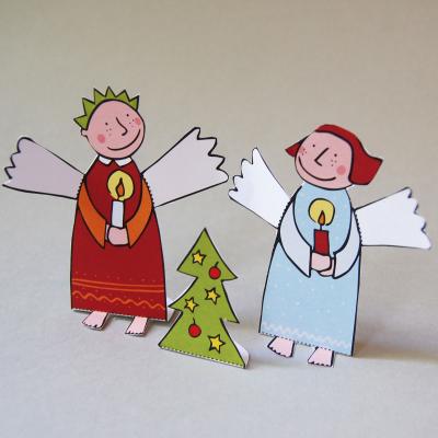 Weihnachtskarte zum Basteln: zwei Engel mit Bäumchen
