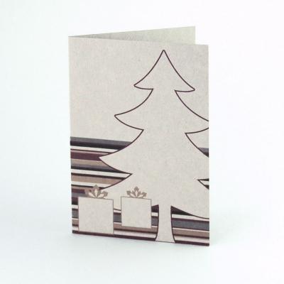 Recycling-Weihnachtskarte: Baum mit Paketen (gedruckt auf Graupappe)