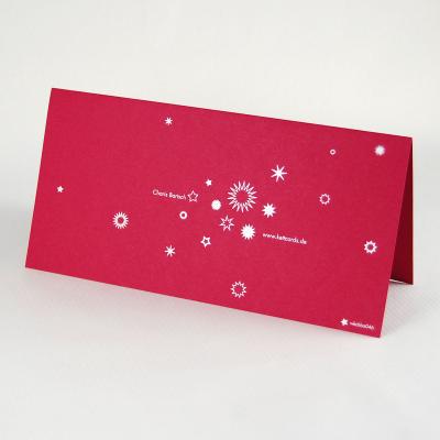 Weihnachtskarte: Sternenregen (silber gedruckt auf rotem Karton)
