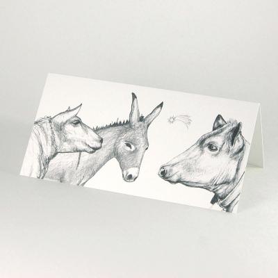 Recycling-Weihnachtskarte: Ochs, Esel und Schaf
