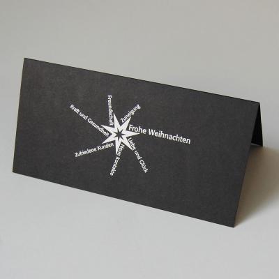 schwarze Weihnachtskarte für Firmen mit Grüßen und Wünschen