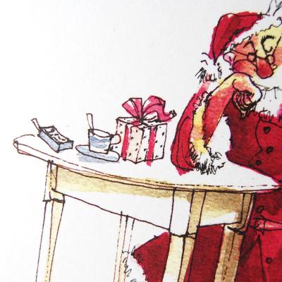Weihnachtskarte: Pause - Weihnachtsmann sitzt am Tisch