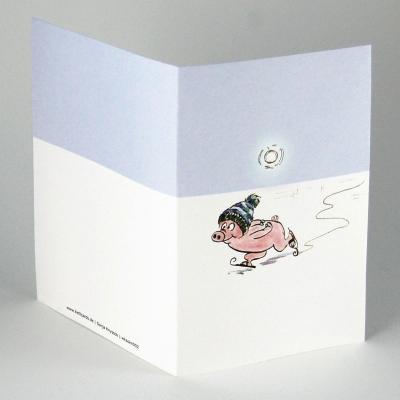 Weihnachtskarte: schlittschuhfahrendes Schwein