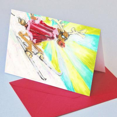 10 Weihnachtskarten mit roten Kuverts: Rentier fährt Ski