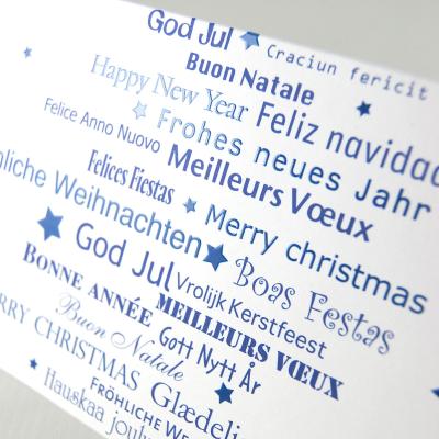 10 blaue Weihnachtskarten mit Umschlägen: internationale Wünsche