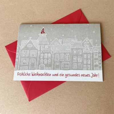 10 graue Weihnachtskarten mit Umschlägen: weihnachtliche Häuserzeile