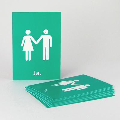 10 grüne Postkarten mit weißen Kuverts: Brautpaar + Ja.