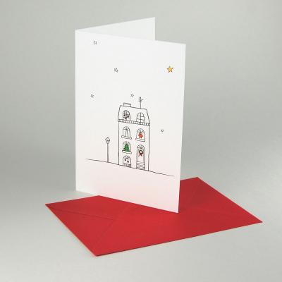 10 Weihnachtskarten mit roten Kuverts: weihnachtliches Haus mit Laterne