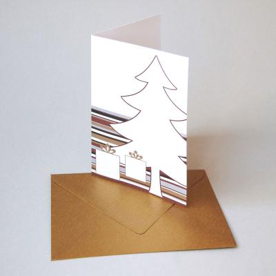 10 Weihnachtskarten mit goldenen Kuverts: Baum mit Paketen