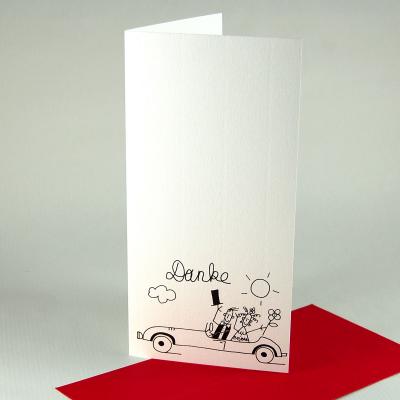 10 witzige Karten zum Dankesagen: Brautpaar im Auto (mit roten Kuverts)