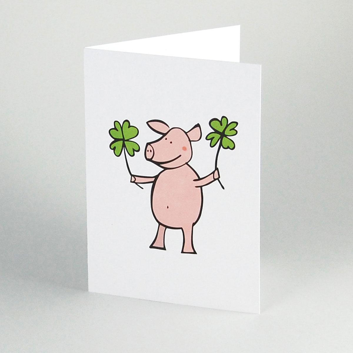10 Recycling-Glückwunschkarten mit Umschlag: Schwein mit Glücksklee