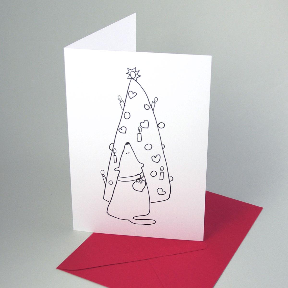 10 Weihnachtskarten mit Kuverts: Hund vor dem Weihnachtsbaum