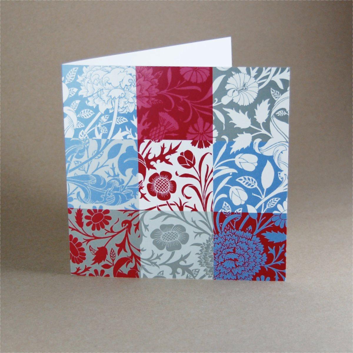 10 quadratische Grußkarten mit Umschlägen: florale Ornamente - rot und blau