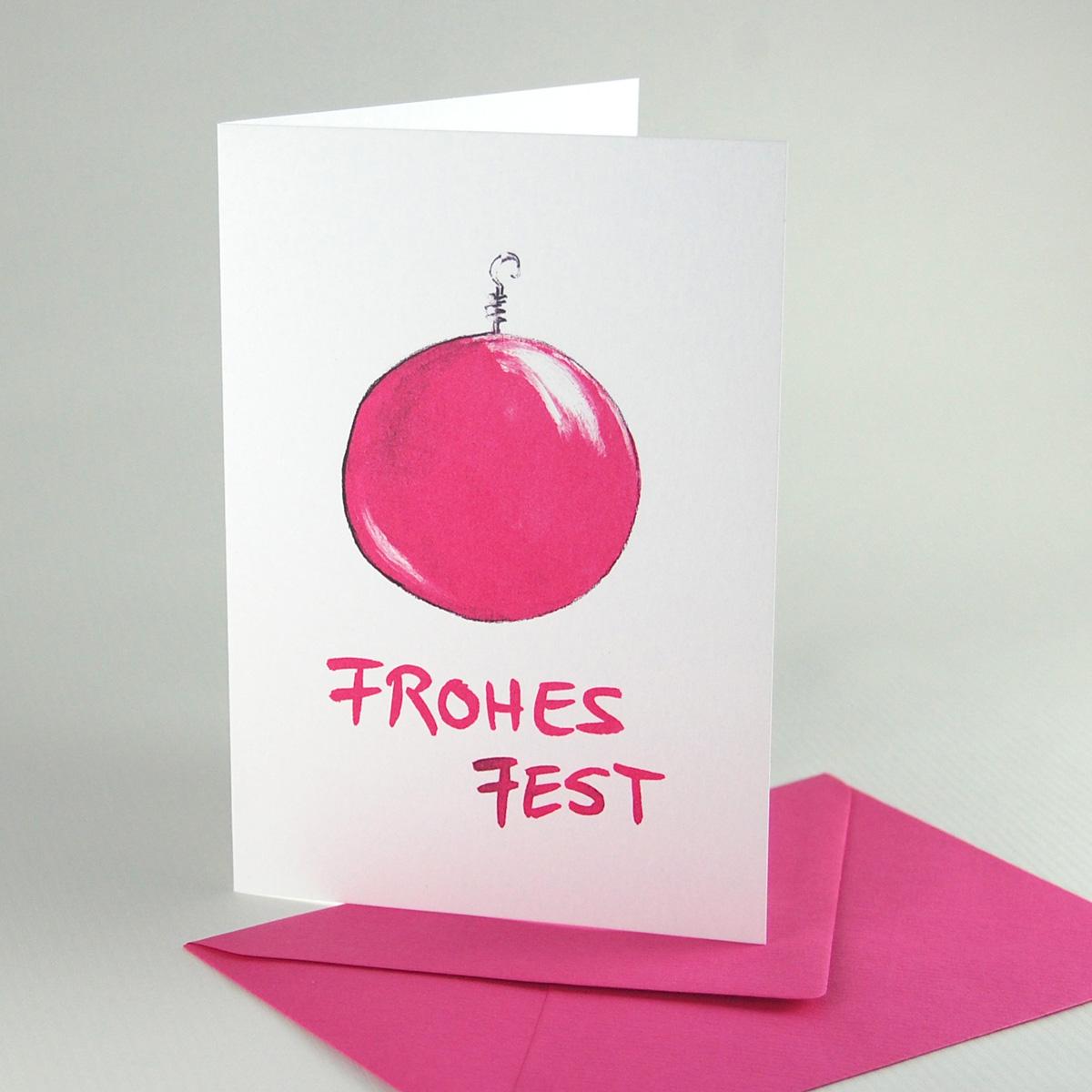 10 Weihnachtskarten mit pinken Kuverts: Frohes Fest  + Christbaumkugel