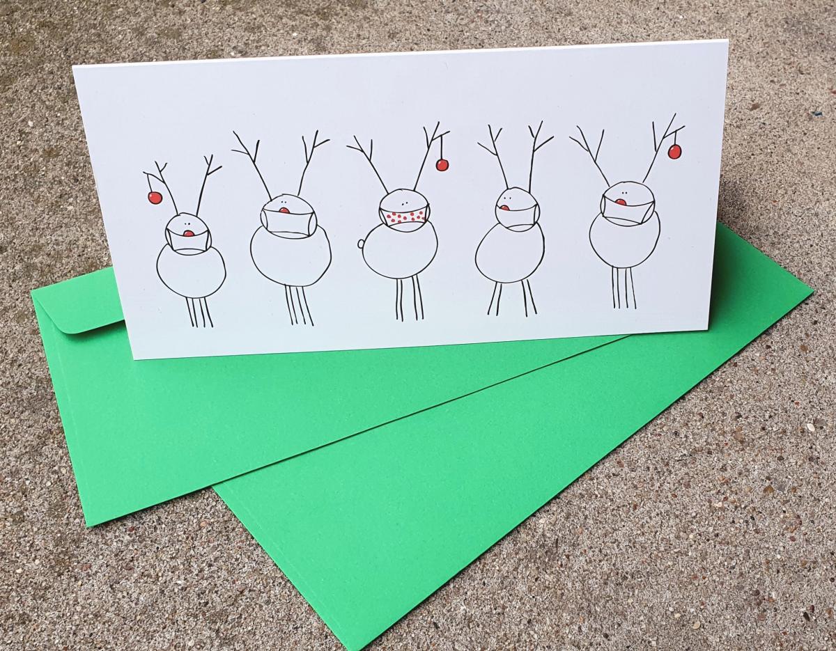 10 Recycling-Weihnachtskarten mit Umschlägen: Rudolf und Freunde mit Maske