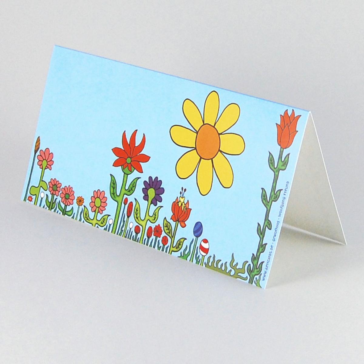 lachende Blumenwiese - Cartoon-Grußkarte mit weißem Umschlag