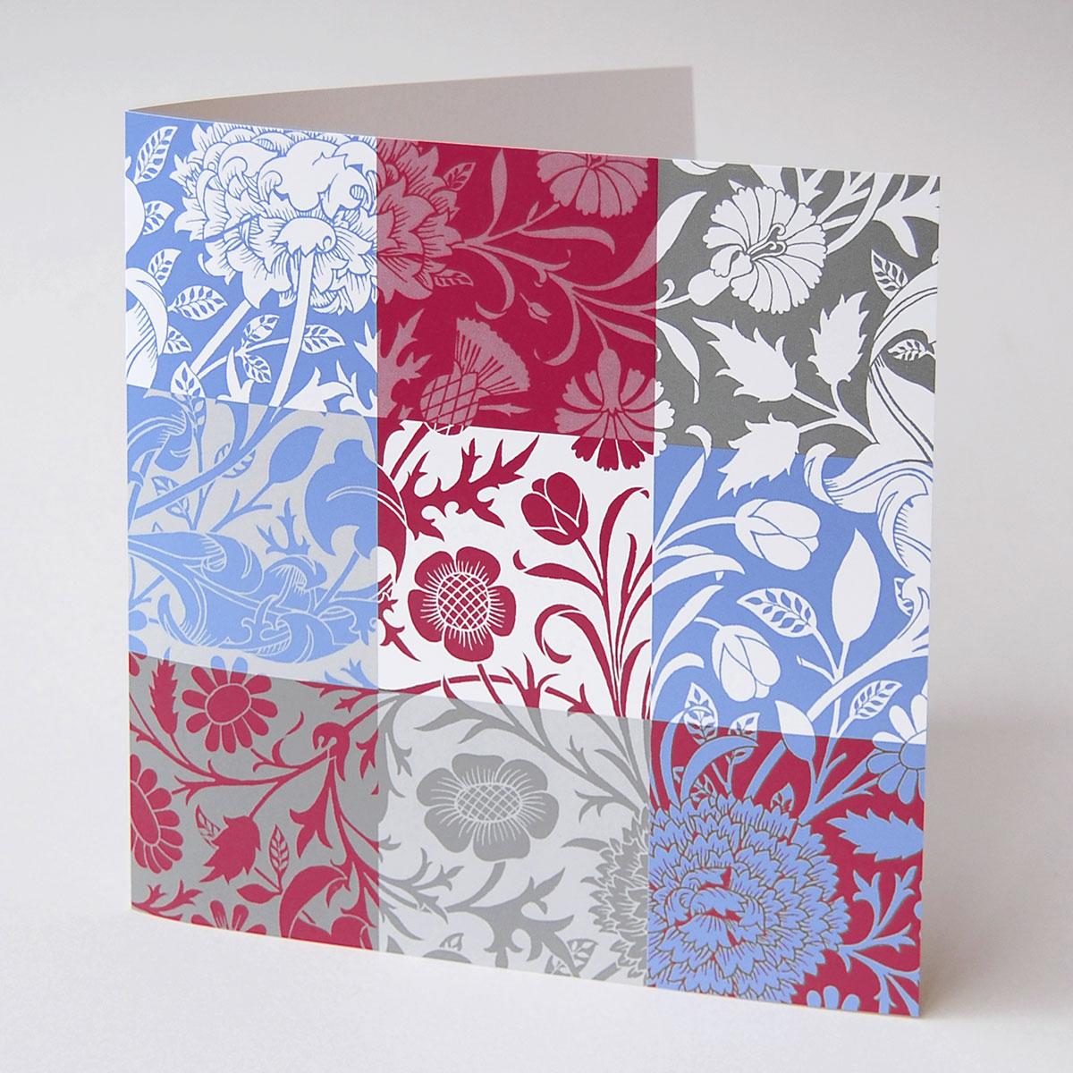 quadratische Grußkarte: florale Ornamente - rot und blau