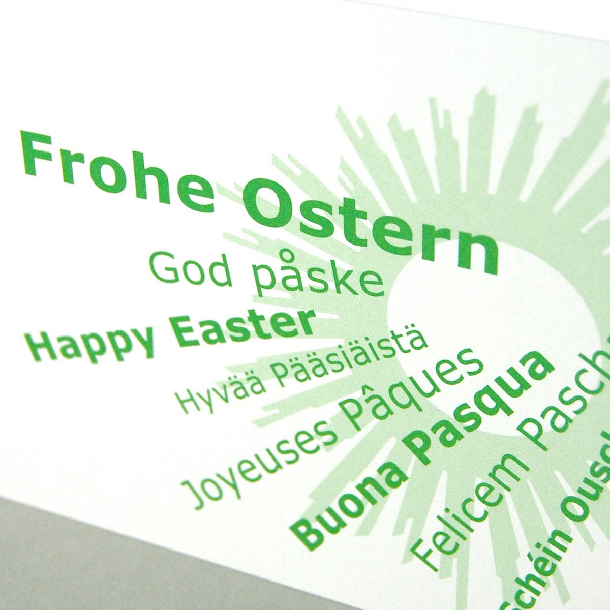 internationale Ostergrüße: Frohe Ostern, God påske, Happy Easter