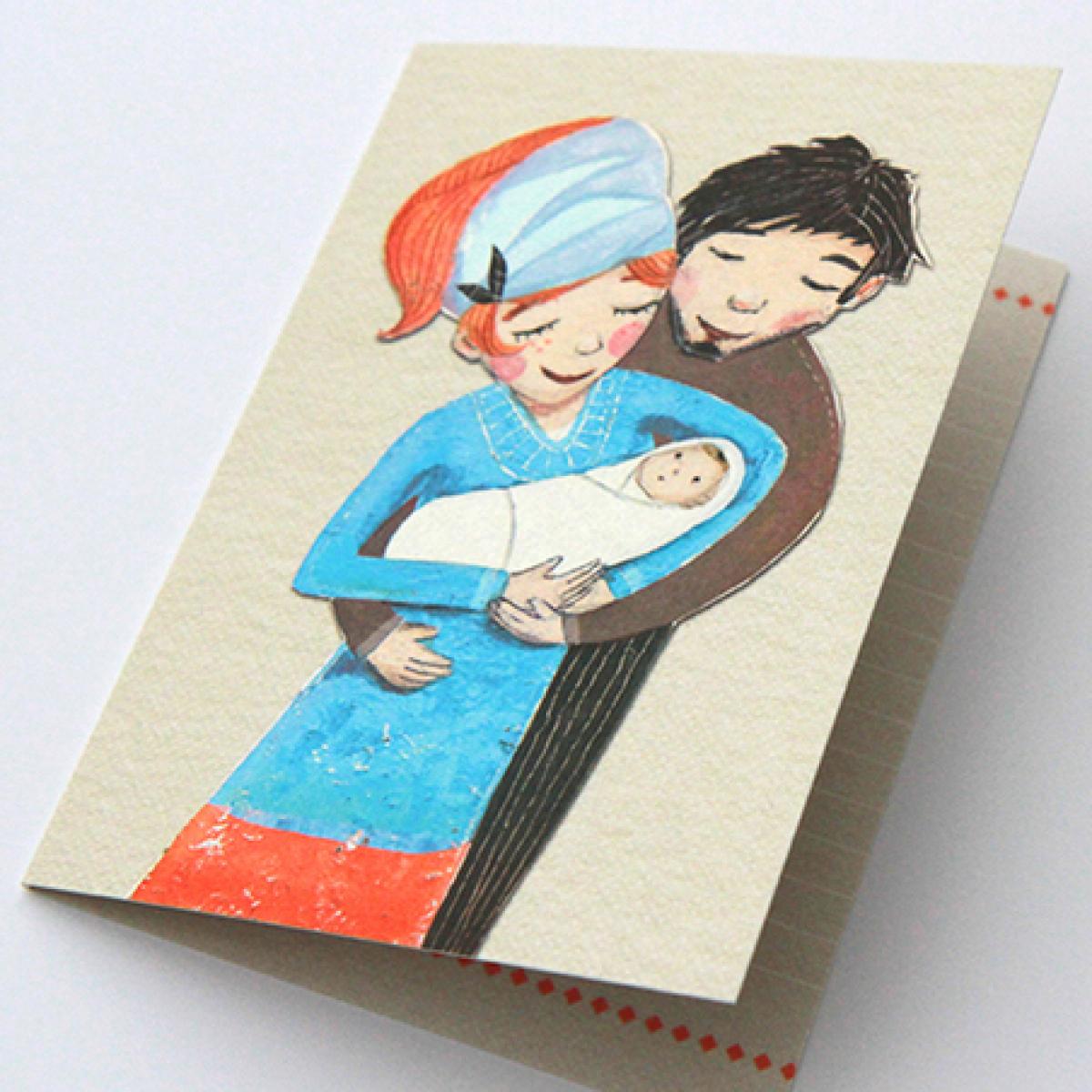 Recycling-Glückwunschkarte zur Geburt: Paar mit Baby
