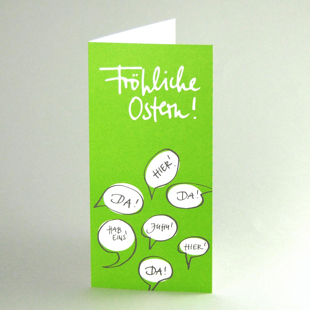 grüne Osterkarte: Fröhliche Ostern! (Ostereiersuchen am Ostermorgen)