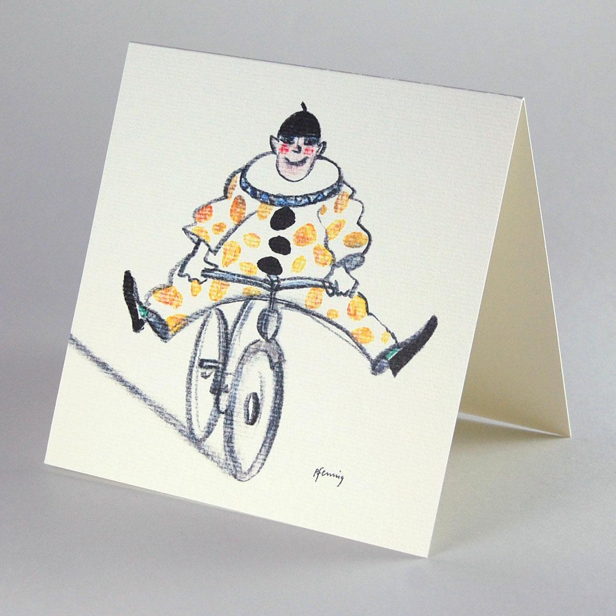 quadratische Grußkarte: Pierrot auf dem Rad