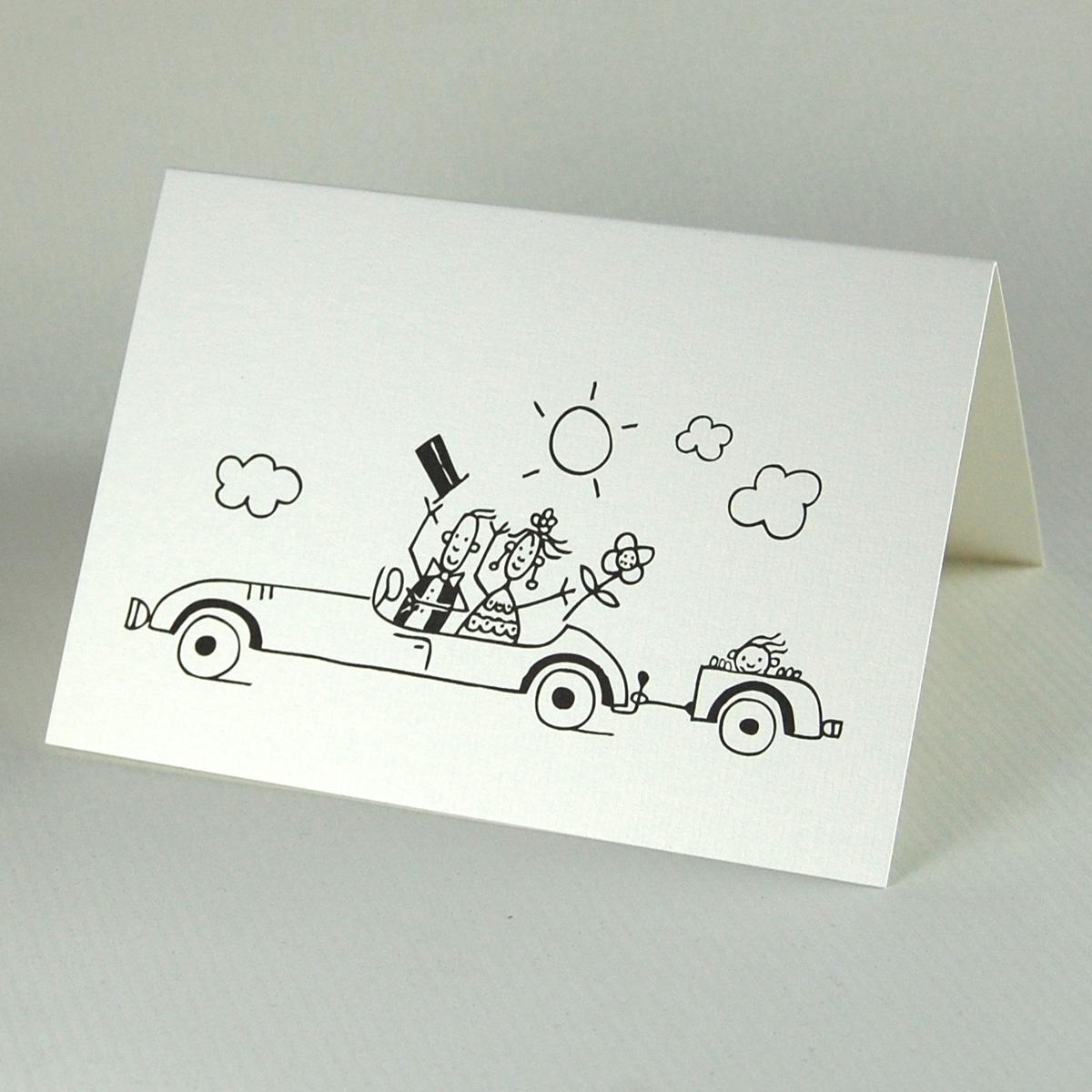 witzige Hochzeitskarte: Brautpaar und Baby im Auto