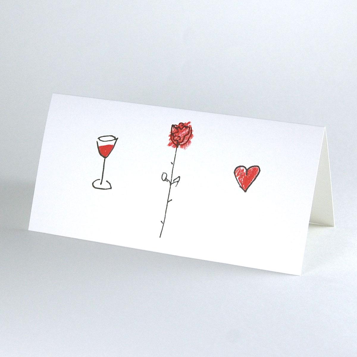 Hochzeitskarte: Rose, Weinglas, Herz