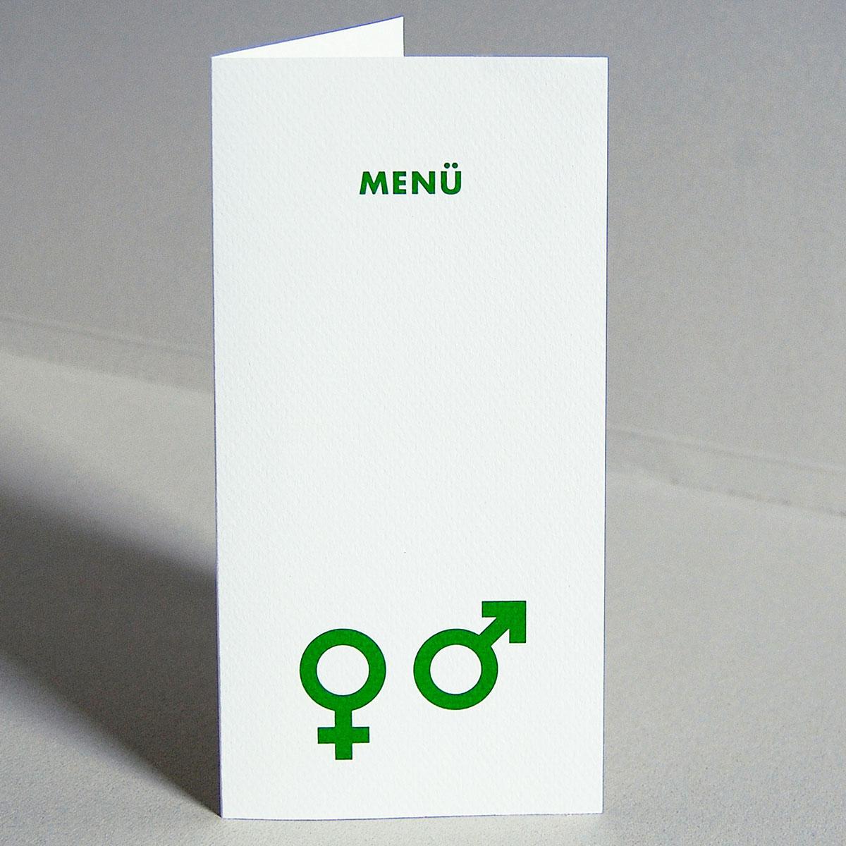 Menükarte: Zeichen für Mann und Frau + MENÜ  (grüner Druck)