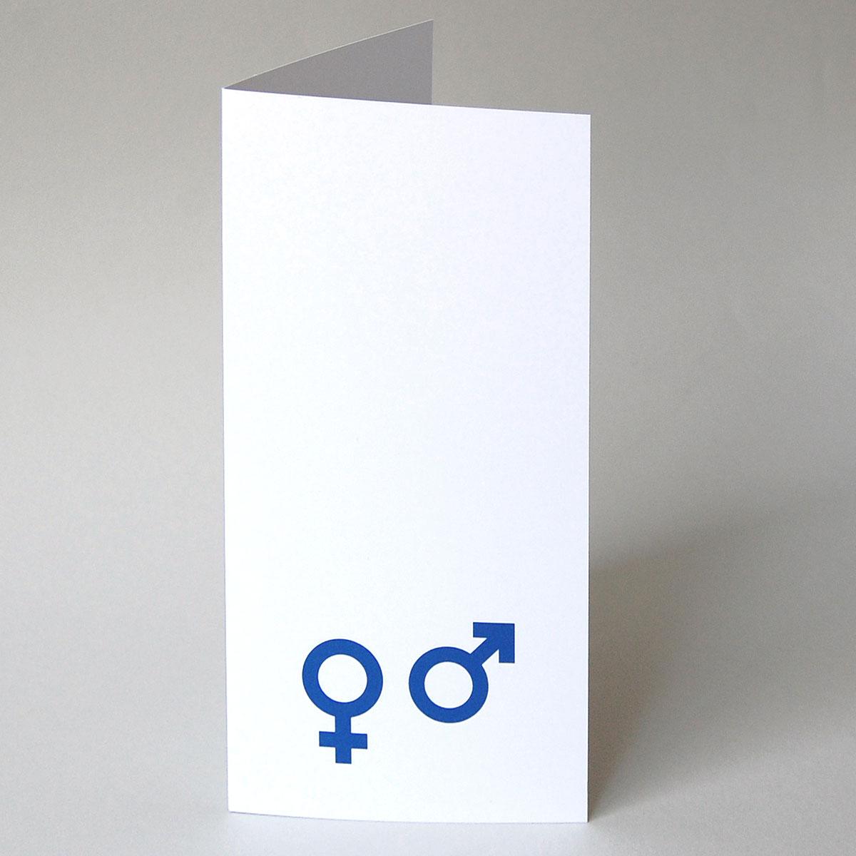 Hochzeitskarte: Symbole für Mann und Frau  (blauer Druck)