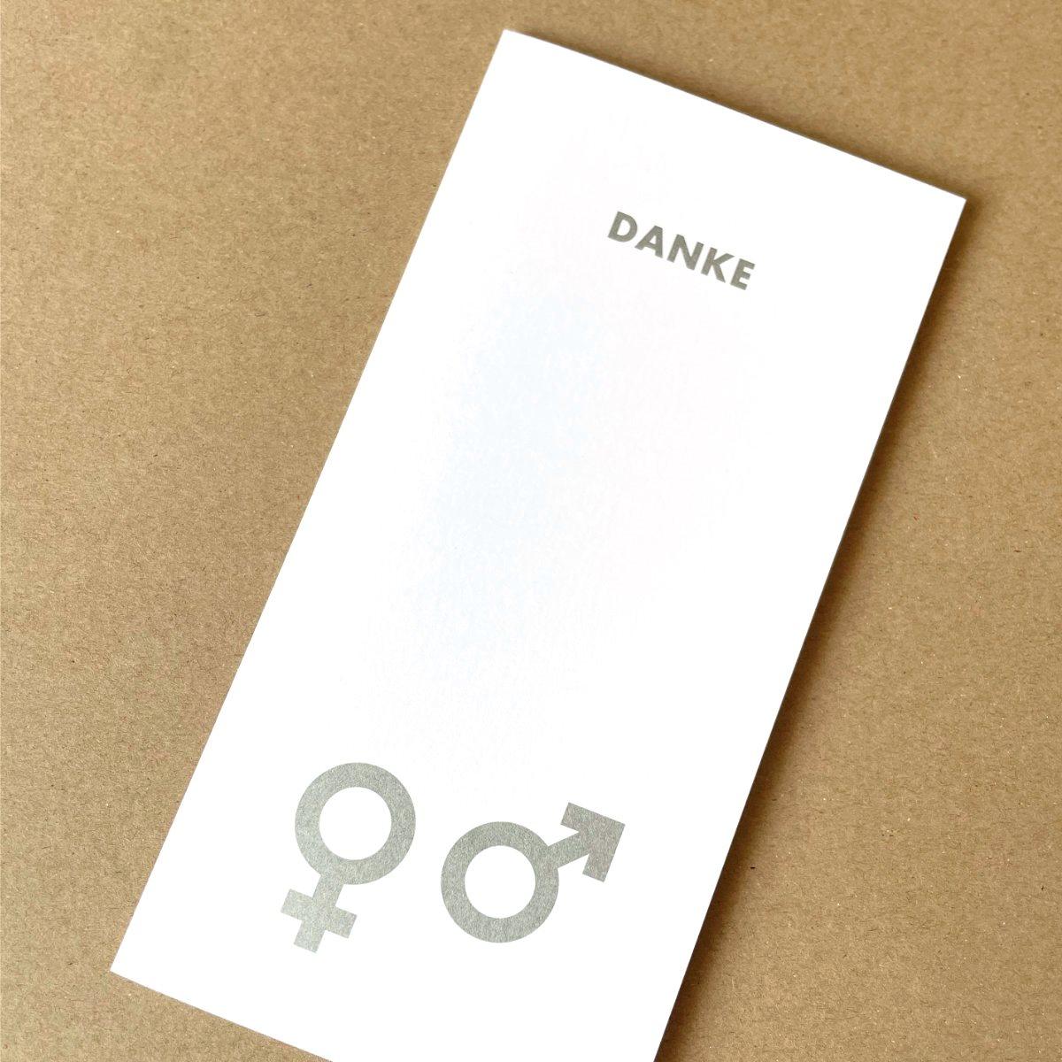 Karte zum Bedanken: DANKE + Zeichen für Mann und Frau (silberner Druckl)