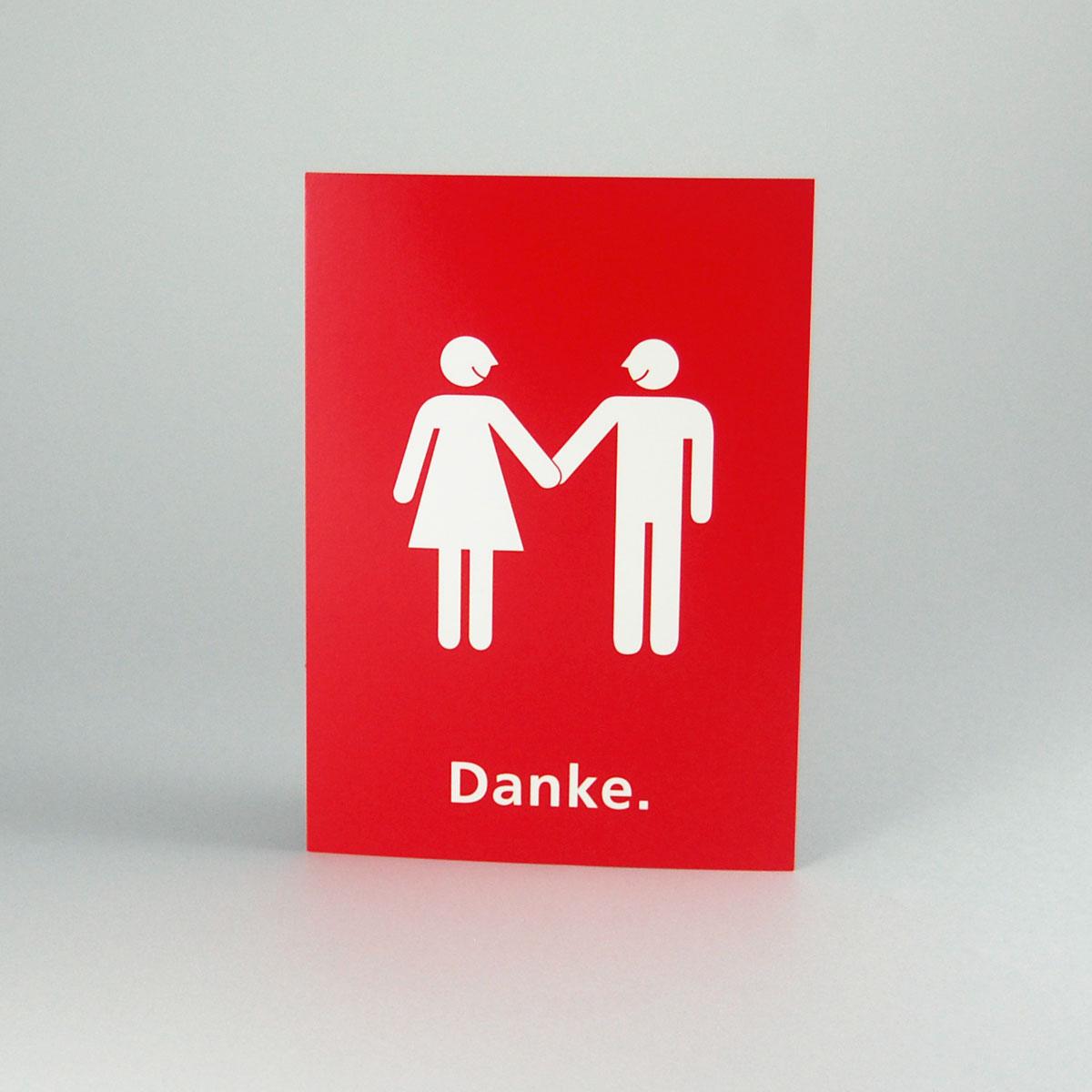 rote Postkarte für nach der Hochzeit: Brautpaar + Danke.